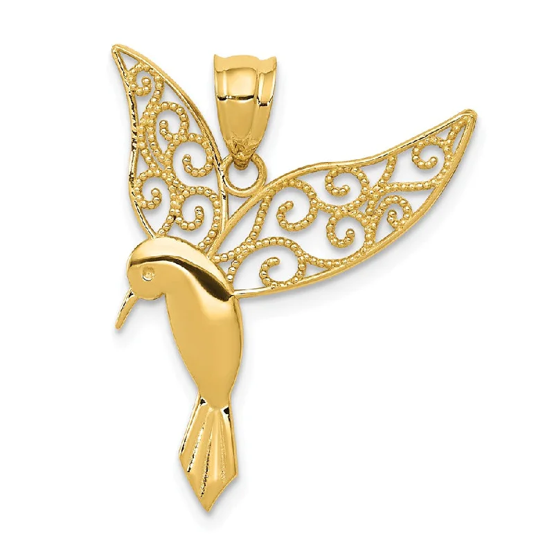 14k Yellow Gold Filigree Hummingbird Pendant, 20mm (3/4 inch)