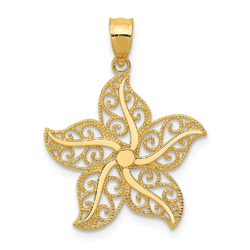 14k Yellow Gold Flat Filigree Starfish Pendant, 19mm (3/4 Inch)