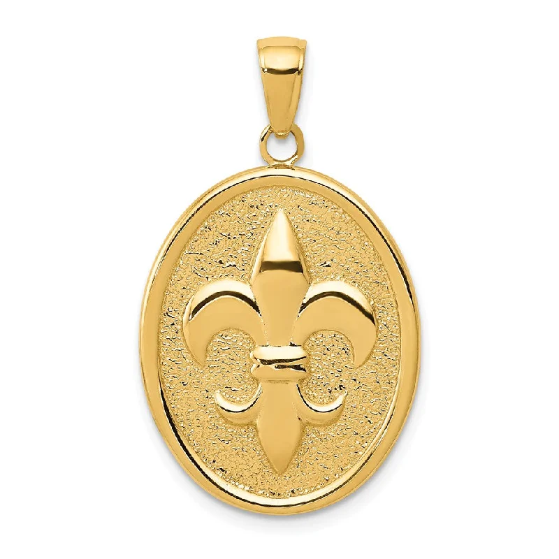 14k Yellow Gold Fleur De Lis Oval Disc Pendant, 18 x 30mm