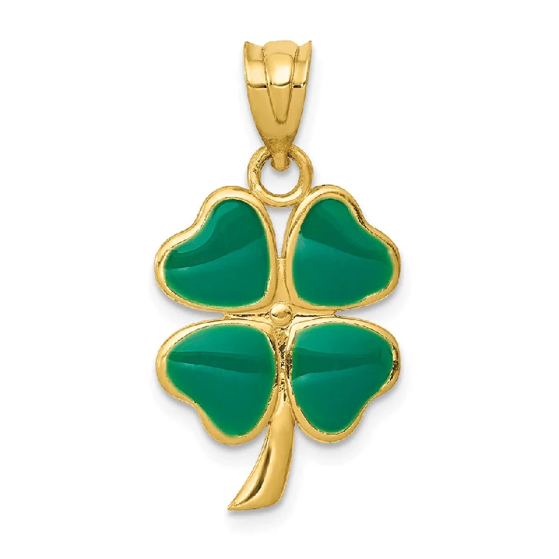 14k Yellow Gold & Green Enameled Four Leaf Clover Pendant, 14mm