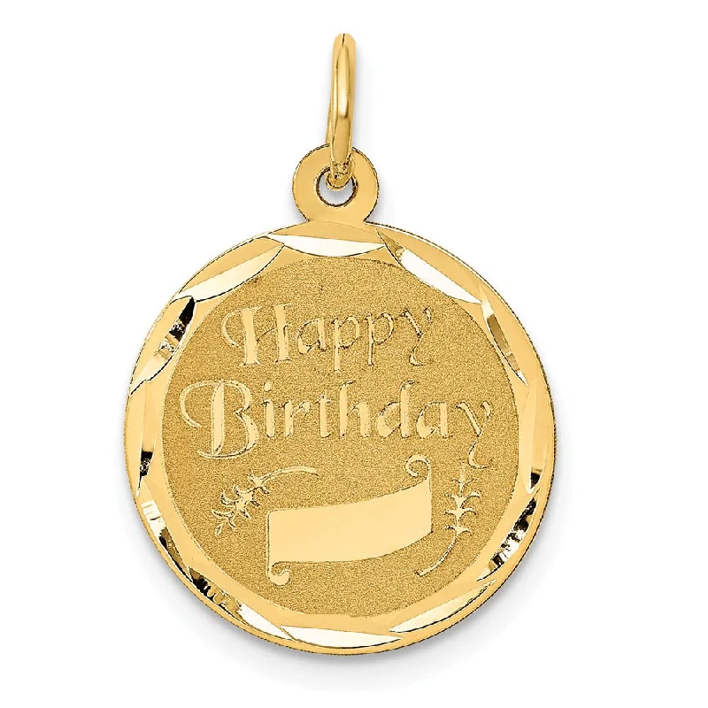 14k Yellow Gold Happy Birthday w Banner Circle Charm or Pendant, 16mm