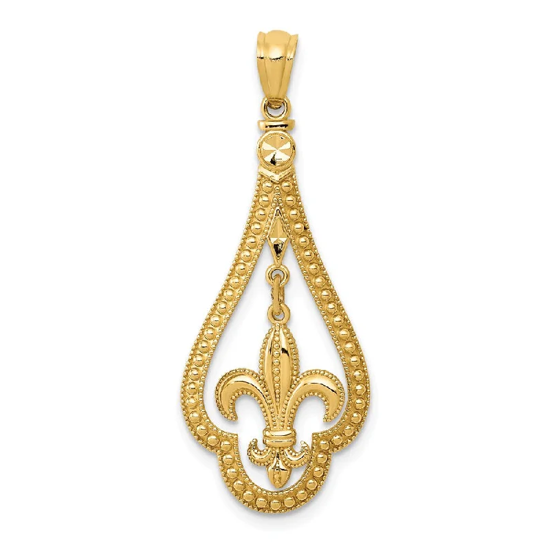 14k Yellow Gold Milgrain Fleur De Lis Dangle Pendant, 14 x 33mm