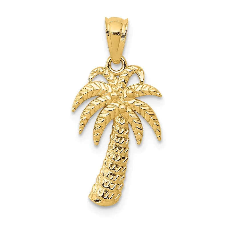 14k Yellow Gold Polished Textured Palm Tree Pendant, 11 x 23mm