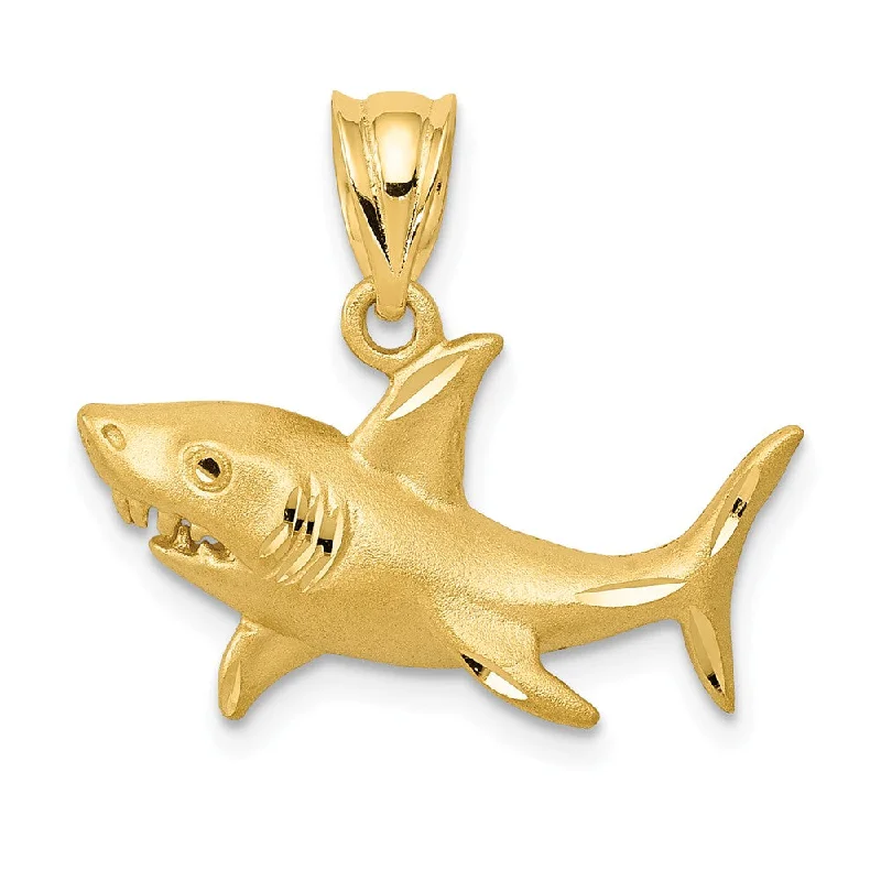 14k Yellow Gold Satin & Diamond-Cut 2D Shark Pendant, 20mm (3/4 Inch)