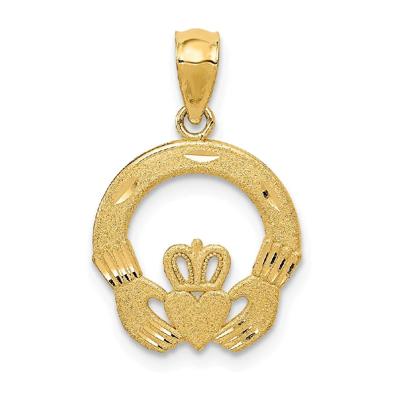 14k Yellow Gold Satin & Diamond Cut Flat Claddagh Pendant, 14mm