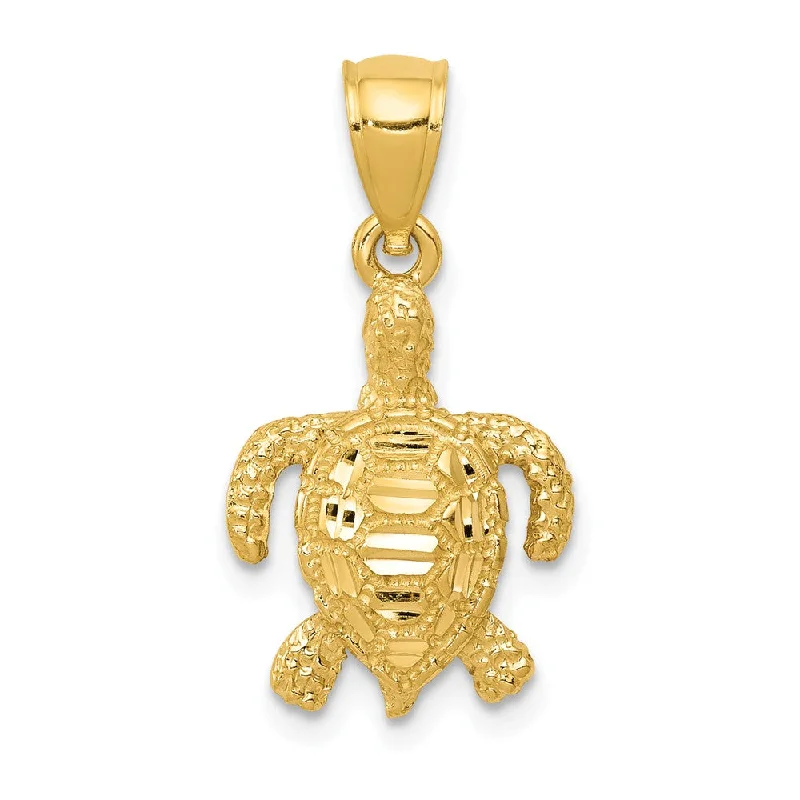 14k Yellow Gold Small 2D Diamond-Cut Sea Turtle Pendant, 13 x 23mm