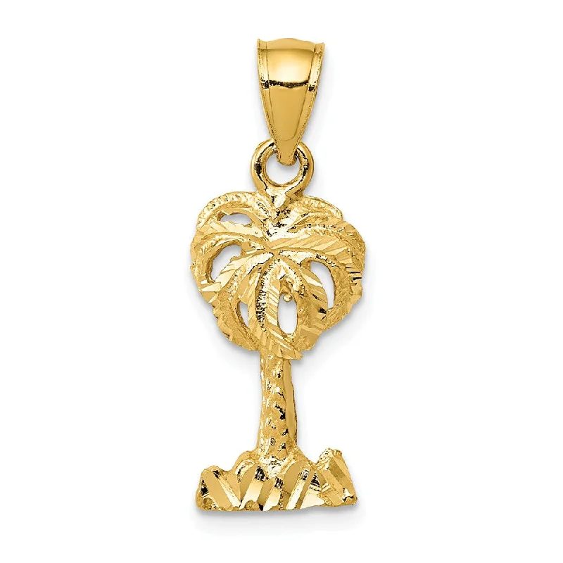 14k Yellow Gold Small Diamond-Cut Palm Tree Pendant, 10 x 25mm