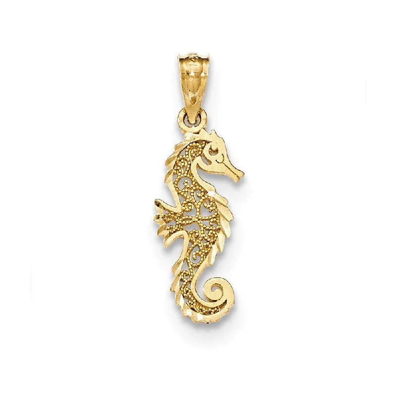 14k Yellow Gold Small Filigree Seahorse Pendant, 8 x 24mm