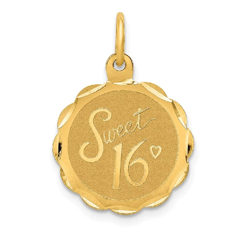 14k Yellow Gold Sweet 16 Disc Charm or Pendant, 15mm