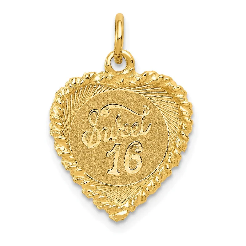 14k Yellow Gold Sweet 16 Heart Charm or Pendant, 15mm