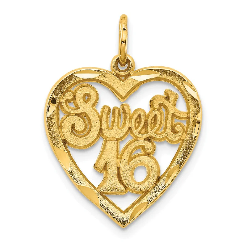 14k Yellow Gold Sweet 16 in a Heart Charm or Pendant, 17mm