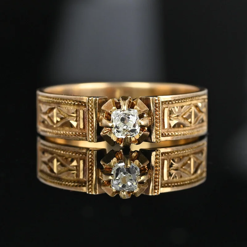 Antique Mine Cut Diamond Solitaire Chased Ring Band in 14K Gold