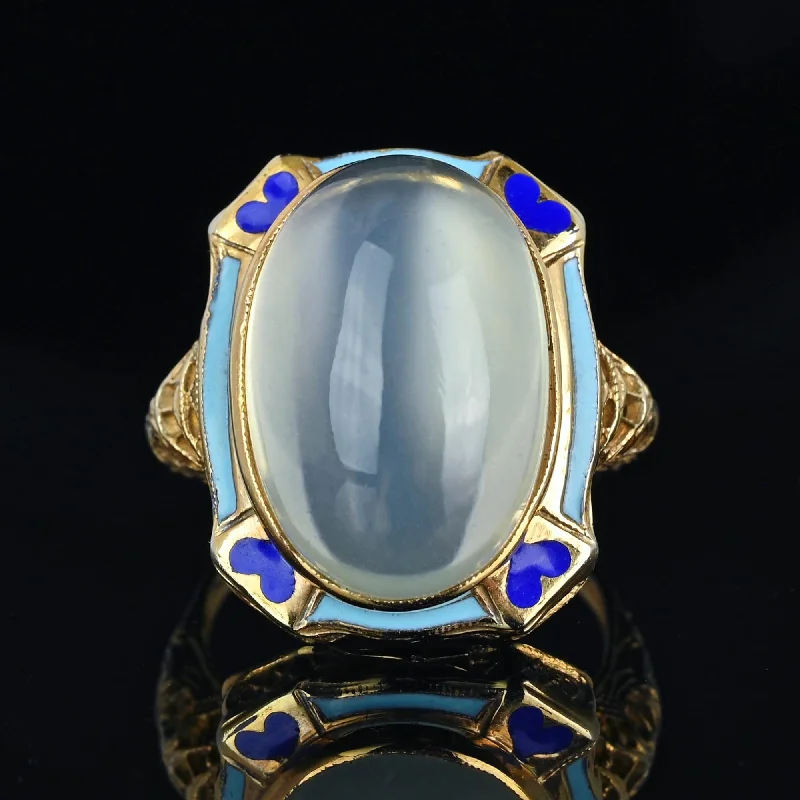 Art Deco Blue Enamel 14K Gold Filigree Moonstone Ring