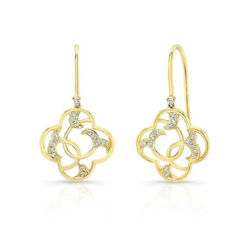 Diamond Open Clover Dangle Earrings With Twine Design And French Wire Backs In 14k Yellow Gold