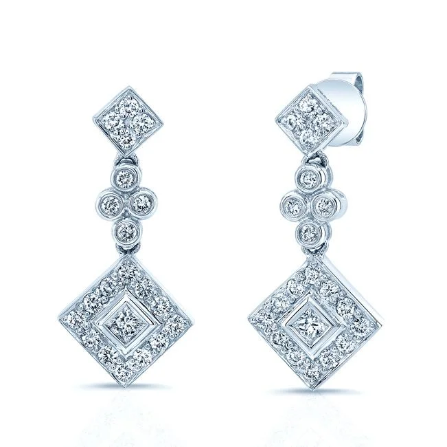 Diamond Princess/round Dangle Earrings 14k White Gold