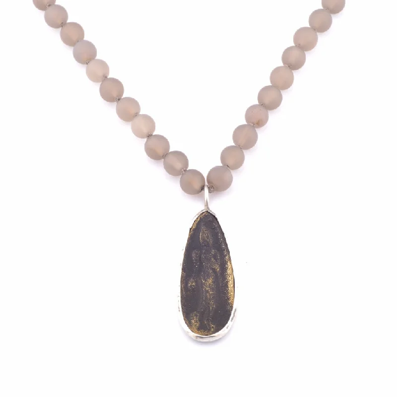 Grey Moss Agate Necklace with Authentic Thai Teardrop Amulet