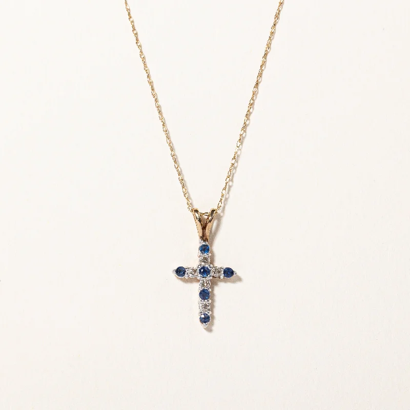 Sapphire & Diamond Cross Pendant Necklace | 0.10ctw, 0.075ctw | 16" |