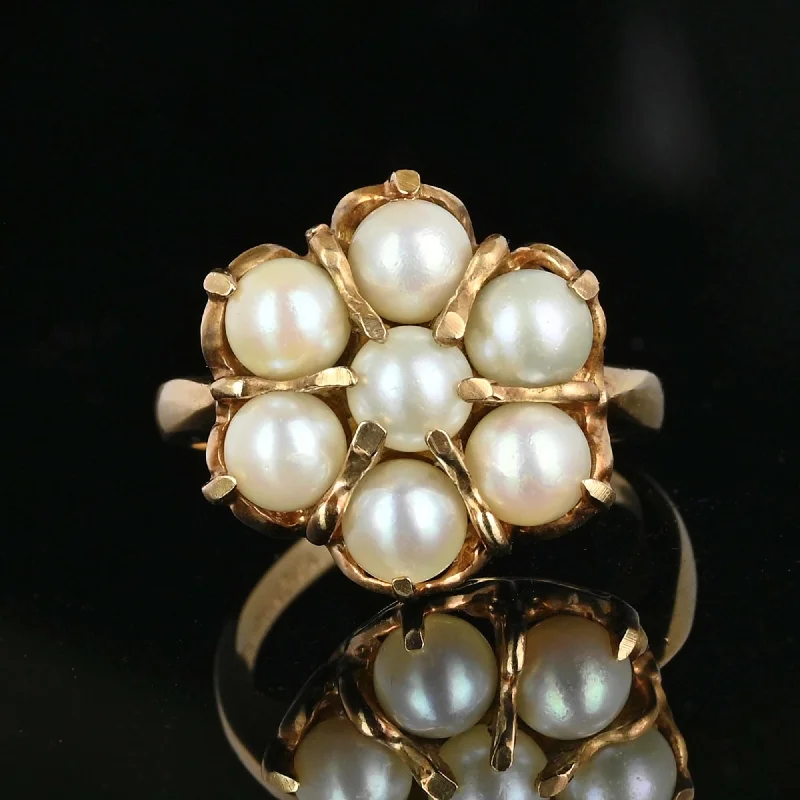 Vintage 10K Gold Pearl Halo Cluster Ring